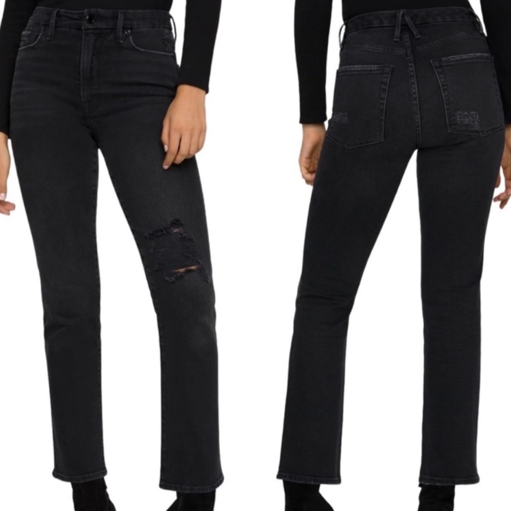 GOOD AMERICAN NWT GOOD CLASSIC RIPPED HIGH WAIST STRAIGHT LEG JEANS BLACK 206 24